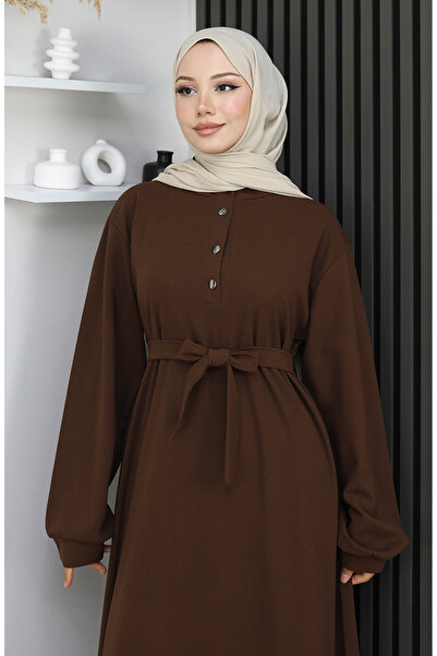 sefamerve Scuba fabric half buttoned belted dress 2167-01 brown