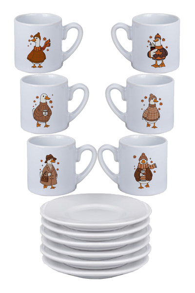 giftkonsept Cool Autumn Ducks Printed 6-Piece White Porcelain Turkish Coffee Cup Set