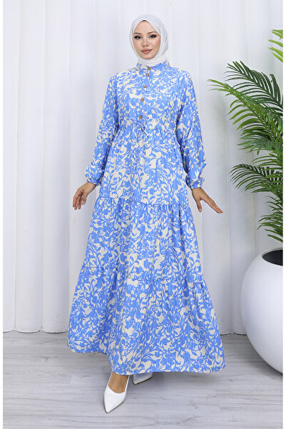 sefamerve Hakim Yaka Beli Patterned Dress with Lace-Up Collar 0190-02 Indigo