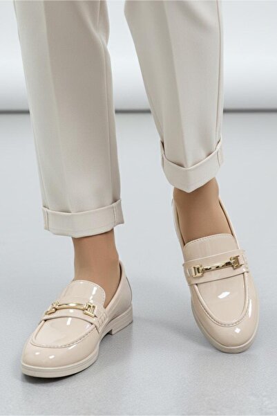 TOFİSA Women's Cream Buckle Leather Ballerina Shoes - 27909-Crem