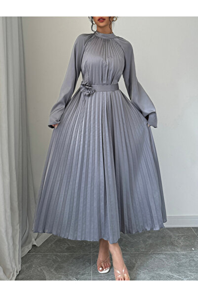 Take Two By Styli Grey Pleated Midi Dress with Flower Detail