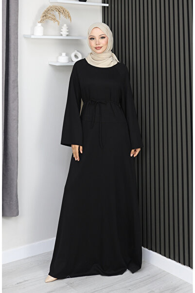 sefamerve Premium Fabric Belted Hijab Dress 2162-03 Black