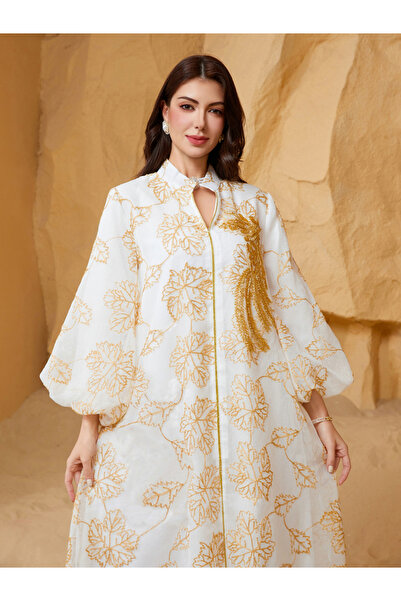 Take Two By Styli Embroidered Belted Detail Balloon Sleeves Jalabiya