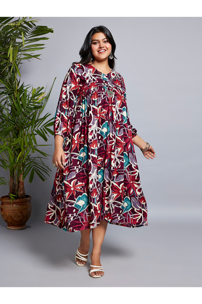 Globus By Styli Plus Size Multi All Over Print Fusion Midi Dress