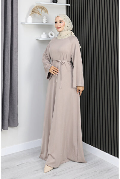 sefamerve Premium Fabric Belted Hijab Dress 2162-02 Beige
