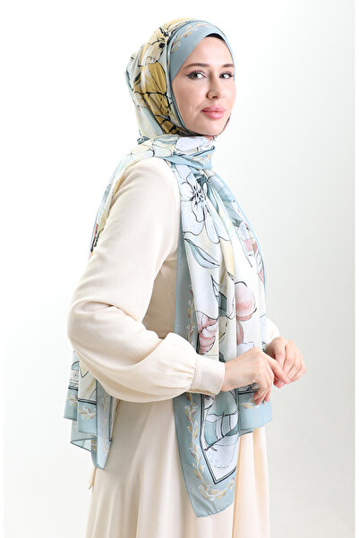 sefamerve Σάλι από γαλλικό μετάξι Hanzade 70330-13 Πράσινο Κίτρινο Μέντα