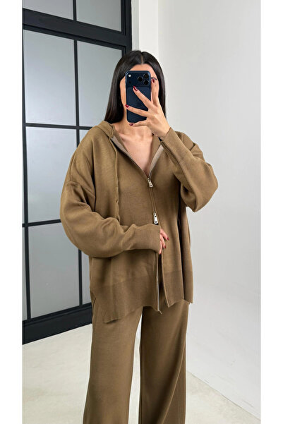 My Blog Milky Coffee Hooded Zippered Knitwear Suit - 0511