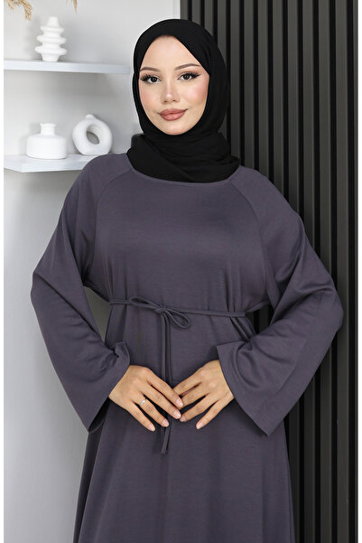sefamerve Premium Fabric Belted Hijab Dress 2162-05 Anthracite