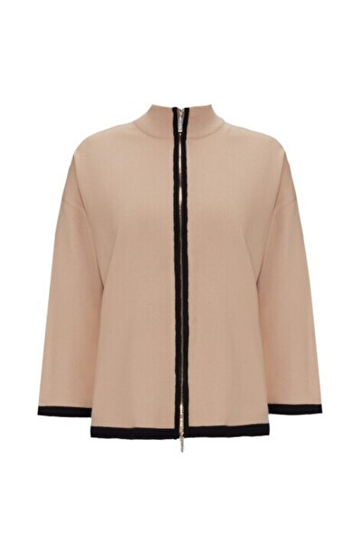 MISS DALIDA Dik Yaka Fermuarlı Triko Camel Ceket