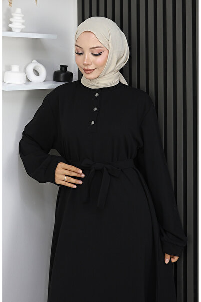 sefamerve Scuba Fabric Half Button Belted Dress 2167-05 Black