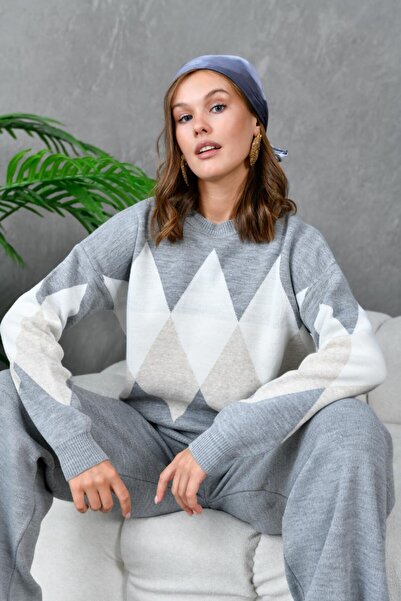 Noi Belis Oversized Plaid Patterned Crew Neck Knitwear Bottom-Top Set Aw25Au0030