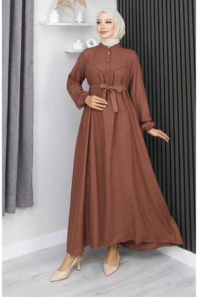 sefamerve Belmando Fabric Half Button Belted Dress 2166-06 Brown