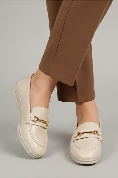 TOFİSA Women's Cream Buckle Leather Ballerinas - 27908-Cream