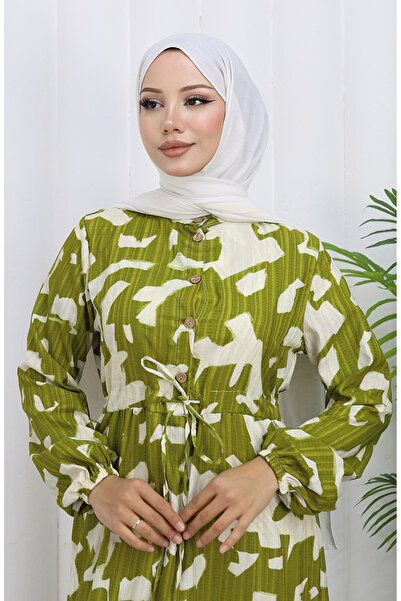 sefamerve Φόρεμα με κορδόνια με μοτίβο με λαιμόκοψη 0191-04 Χακί