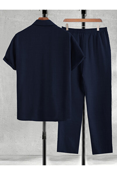 Take Two By Styli Men Navy Solid Shirt and Pants Co-ords