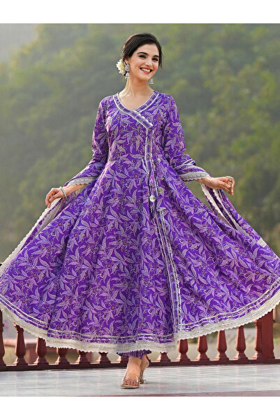 Ishin By Styli Purple Cotton Kurta with Pants and Dupatta Set