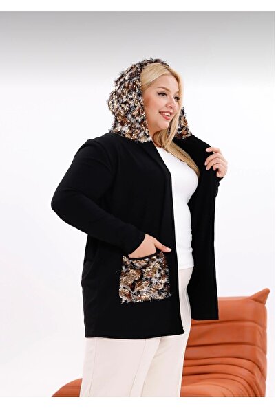 Sep Butik Hooded Leopard Pattern Paneled Pocket Cardigan