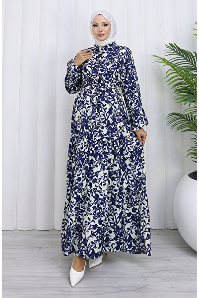 sefamerve Judge collar lace-up patterned dress 0190-04 navy blue