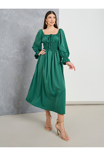 Take Two By Styli Square Neck Shirred A-Line Midi Dress