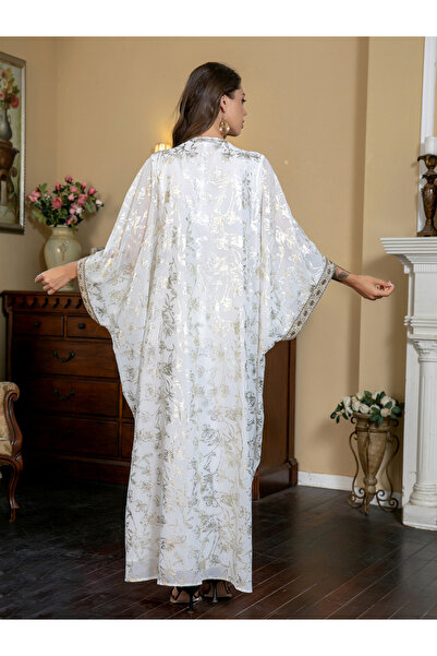 Take Two By Styli Foil Print Tassel Beaded Detail Kimono and Dress Modest Set