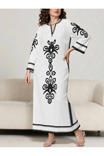 Take Two By Styli White Graphic Print Notch Neck Jalabiya