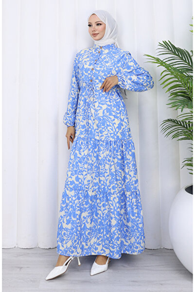 sefamerve Hakim Yaka Beli Patterned Dress with Lace-Up Collar 0190-02 Indigo