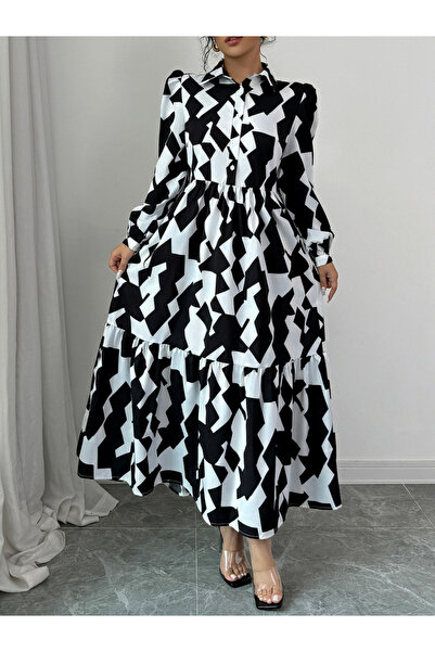 Take Two By Styli Geometric Print Buttoned A-Line Maxi Dress