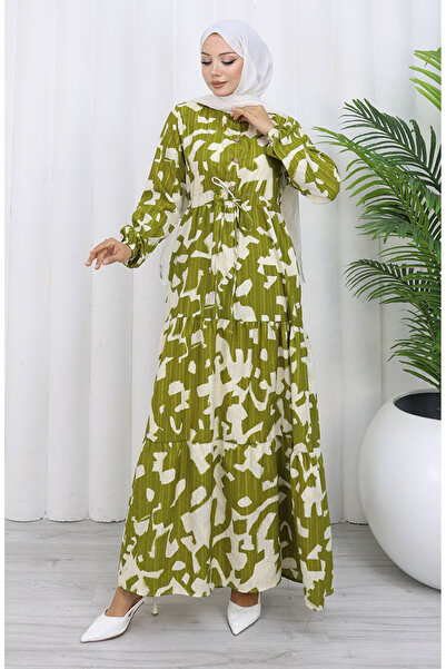 sefamerve Φόρεμα με κορδόνια με μοτίβο με λαιμόκοψη 0191-04 Χακί