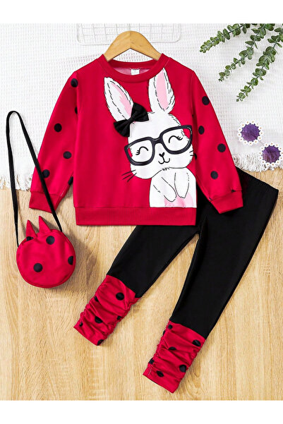 Take Two By Styli Graphic Print Sweatshirt with Ruched Leggings and Crossbody Bag Set