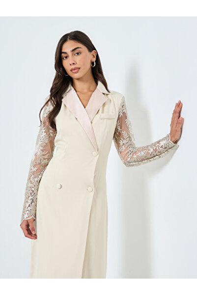 Styli Cream Lace Sleeve Blazer Midi Dress