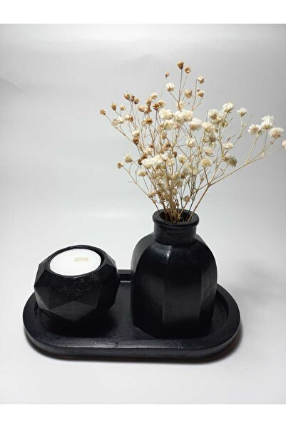 emilysamy Geometric Candle Holder and Vase Decorative Set with Plate Black