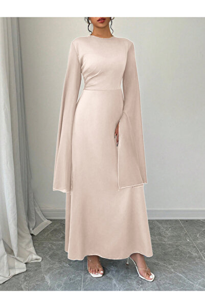 Take Two By Styli Solid Round Neck Split Sleeve Maxi Dress