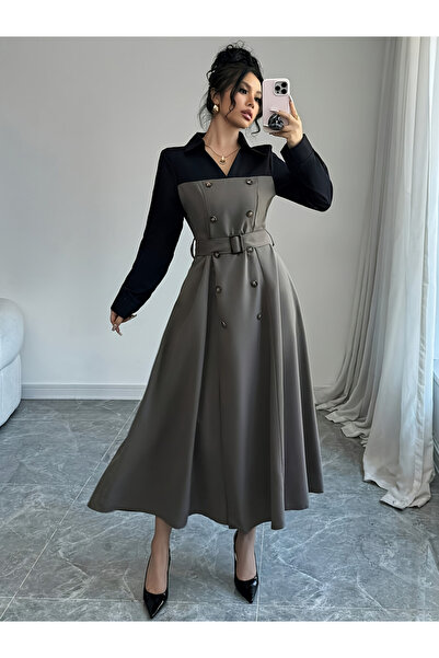 Take Two By Styli Grey Color Block Collared Maxi Dress