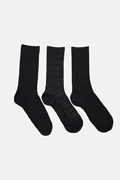 Emporio Armani Men's Jacquard Patterned Stretch Cotton 3 Pack Black Socks Em000554 Af18180-Mc254