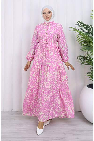 sefamerve Hakim Yaka Belted Lace-Up Patterned Dress 0190-06 Pink