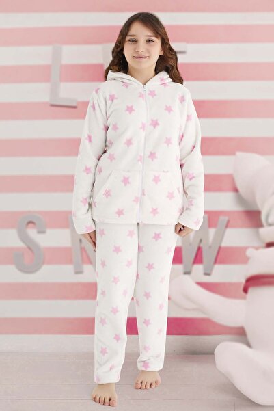 Aydoğan Girl's Patterned Fleece Pajama Set 240521 Ecru01
