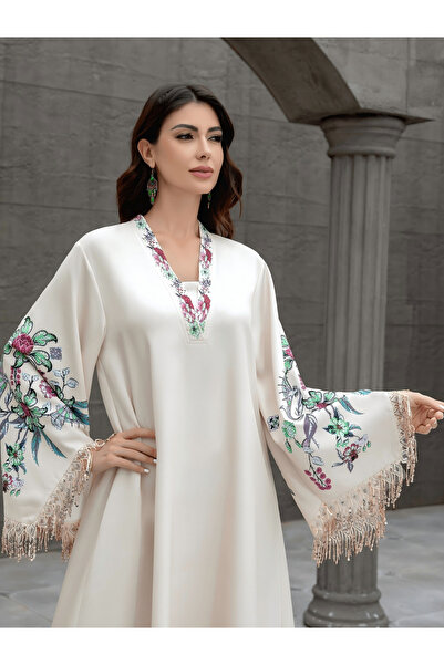 Take Two By Styli Floral Print Embellished Tassel Beaded Jalabiya