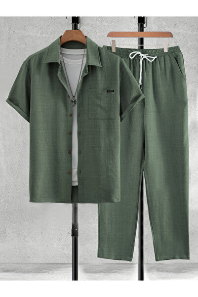 Take Two By Styli Men Green Solid Shirt and Pants Co-ords