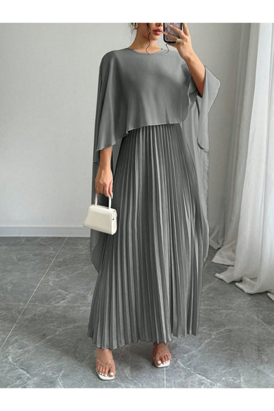 Take Two By Styli Solid Pleated Detail Cape Sleeve Maxi Dress