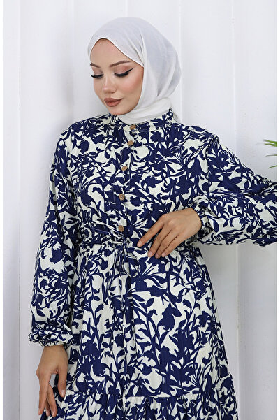 sefamerve Judge collar lace-up patterned dress 0190-04 navy blue