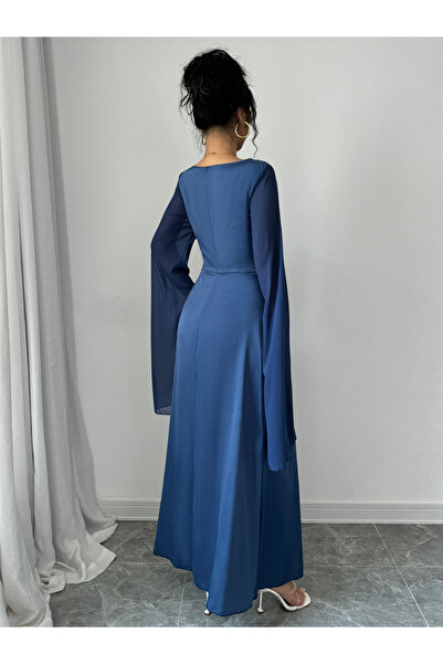 Take Two By Styli Dark Blue Slit Sleeve A-Line Maxi Dress