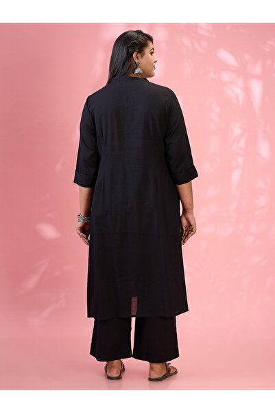 Globus By Styli Plus Size Black Embroidered Yoke Kurta and Pants Set