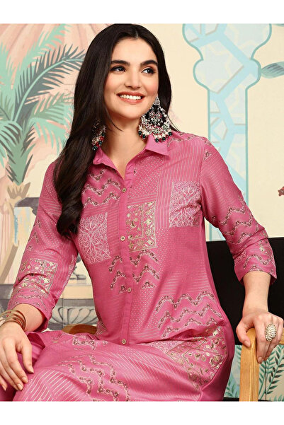 Ishin By Styli Pink Chinon Kurta and Pant Set