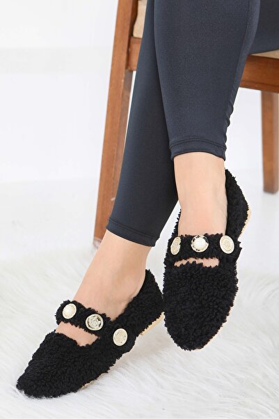 TOFİSA Women's Black Pearl and Tuğra Detailed Plush Ballerinas - 27911-Black