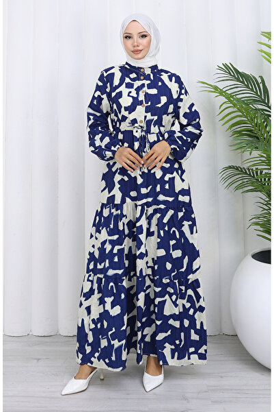 sefamerve Hakim Yaka Beli Patterned Dress with Laces 0191-02 Navy Blue