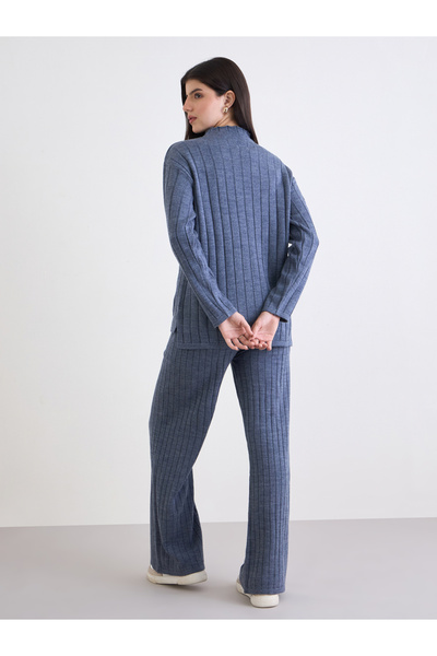 Styli Blue Ribbed Knit Longline Sweater and Pants Co-Ords