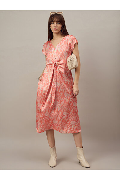 Kuwarii By Styli Orange Knot Front Midi Dress