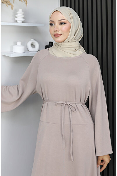 sefamerve Premium Fabric Belted Hijab Dress 2162-02 Beige