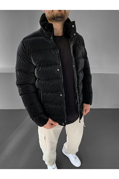 NO1 KONSEPT Μαύρο πουπουλένιο παλτό Premium Carbon με γούνινο γιακά