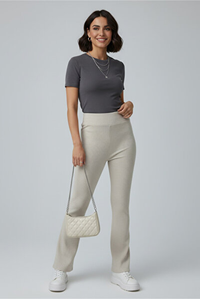 TOFİSA Flared High Waist Report Leggings Cream - 27980-Cream